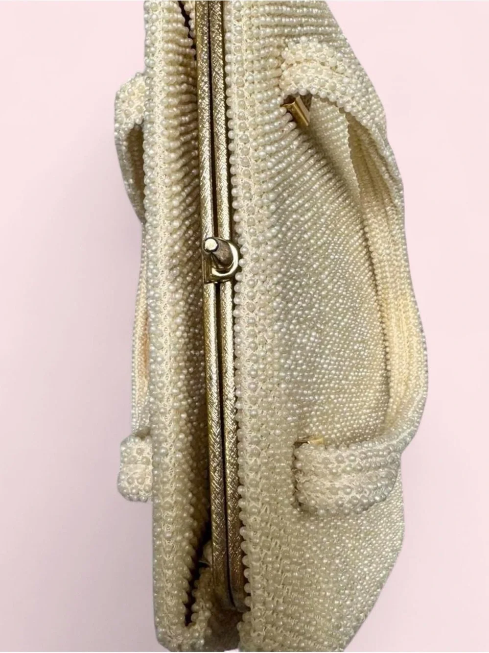 Vintage Cream Beaded Satchel with Top Handles
